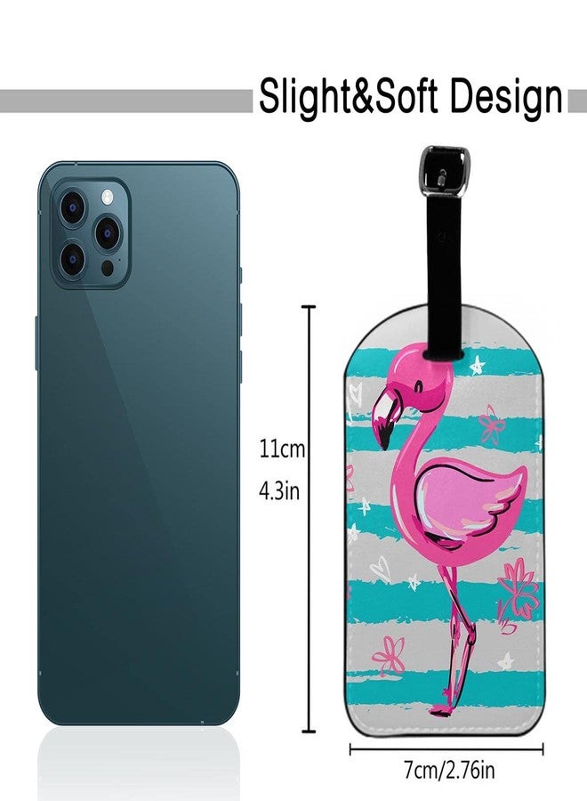 Zoczos Pink Flamingo Leather Luggage Bag Case Tags Hand Drawn Animal Blue Stripes Flower Stars Hearts Wildlife Baggage Suitcase Labels Name Tags Travel Accessories for Adult Women Men, 1 Pack - Image 2